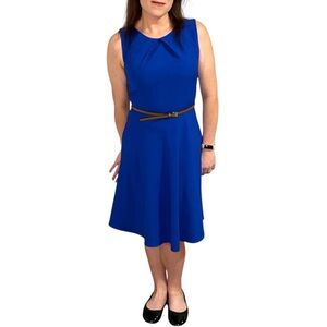 AB Studio Sleeveless Dress - Royal Blue with Brown Belt - Workwear - Size 8